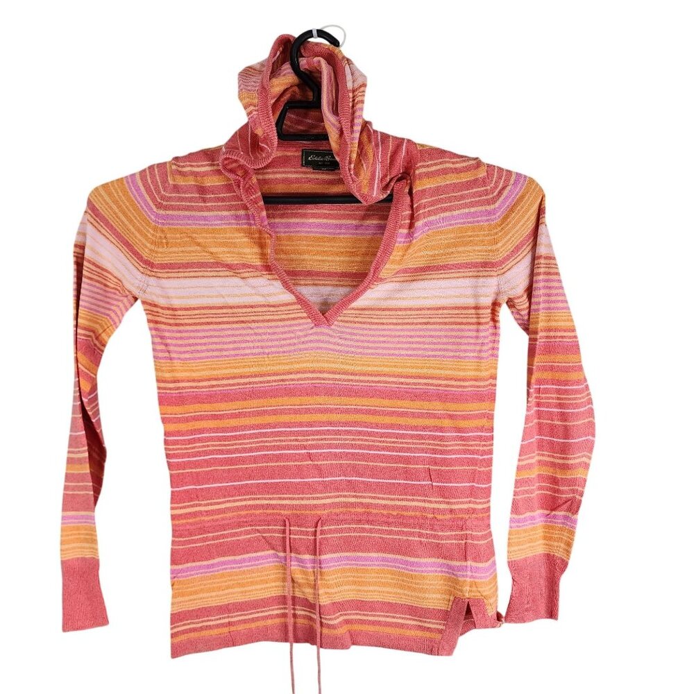 Womens Eddie Bauer Orange Pink Striped Hoodie Pullover V Neck Linen Blend XS